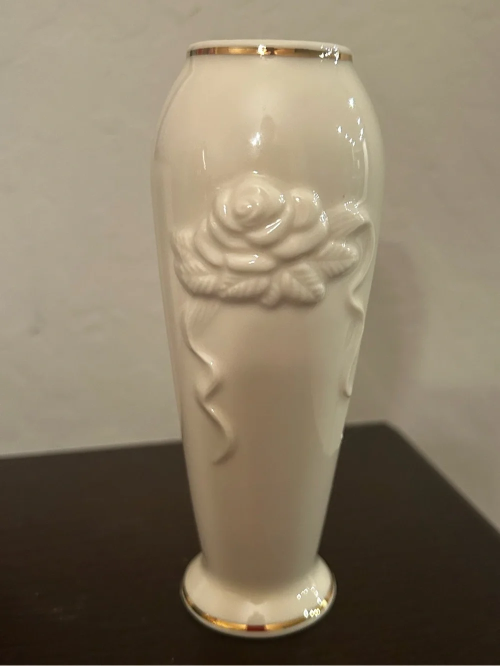 Lenox White Ceramic Bud Vase with Gold Trim and Rose Relief